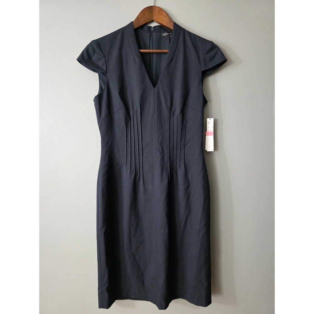 Antonio Melani Darla Black Pleated Sheath Dress V-Neck Cap Sleeve Size 4